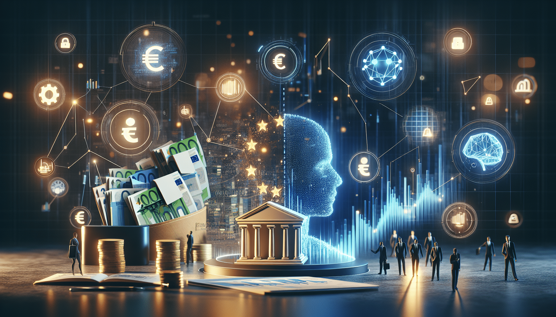 An informative image depicting AI tools facilitating the compliance of financial regulations in the EU.