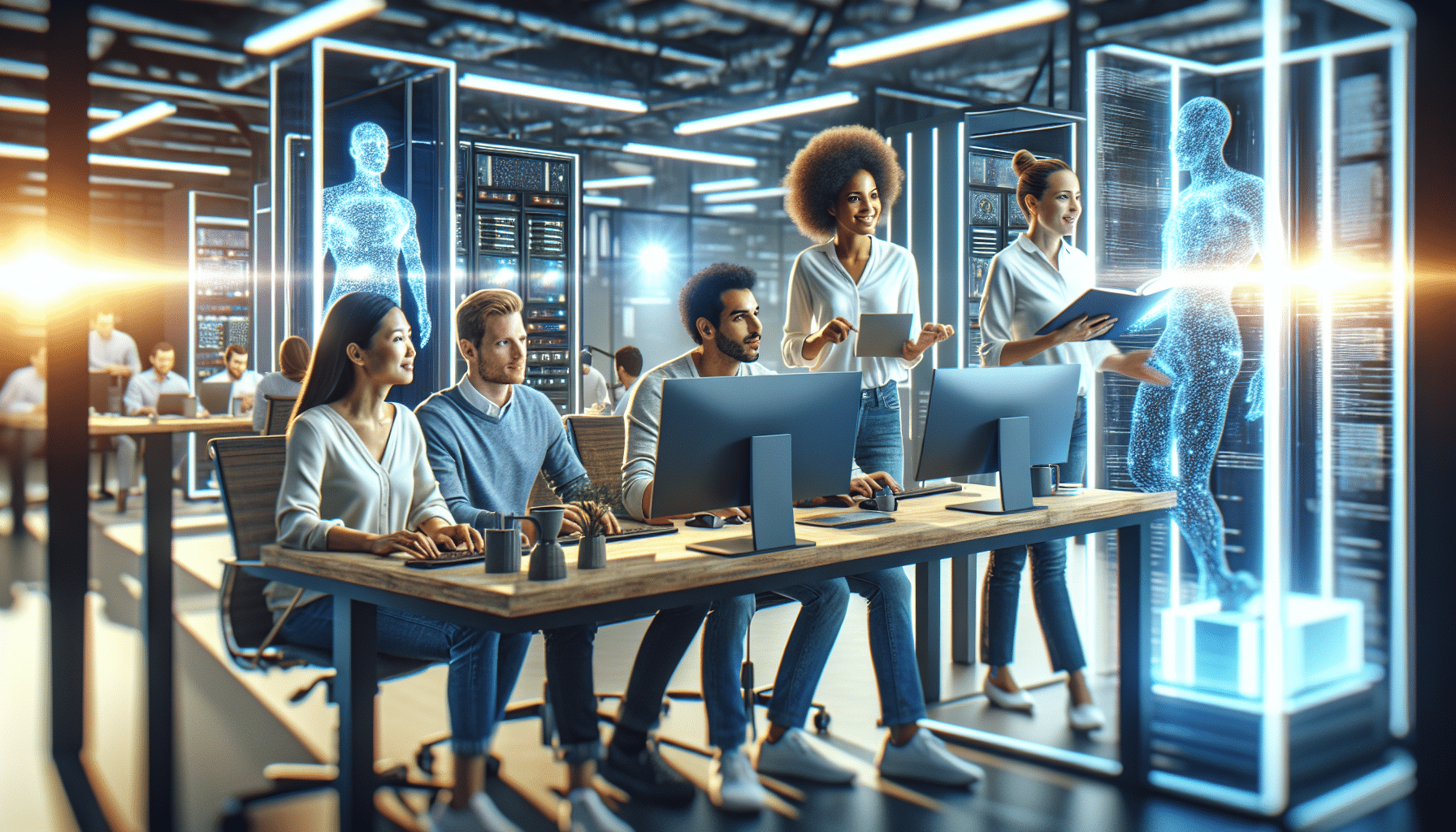 Team collaborating with AI tools in a modern office environment.