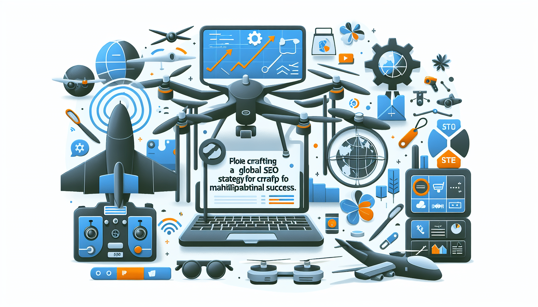 Digital world map and SEO icons representing crafting a global SEO strategy for multinational success