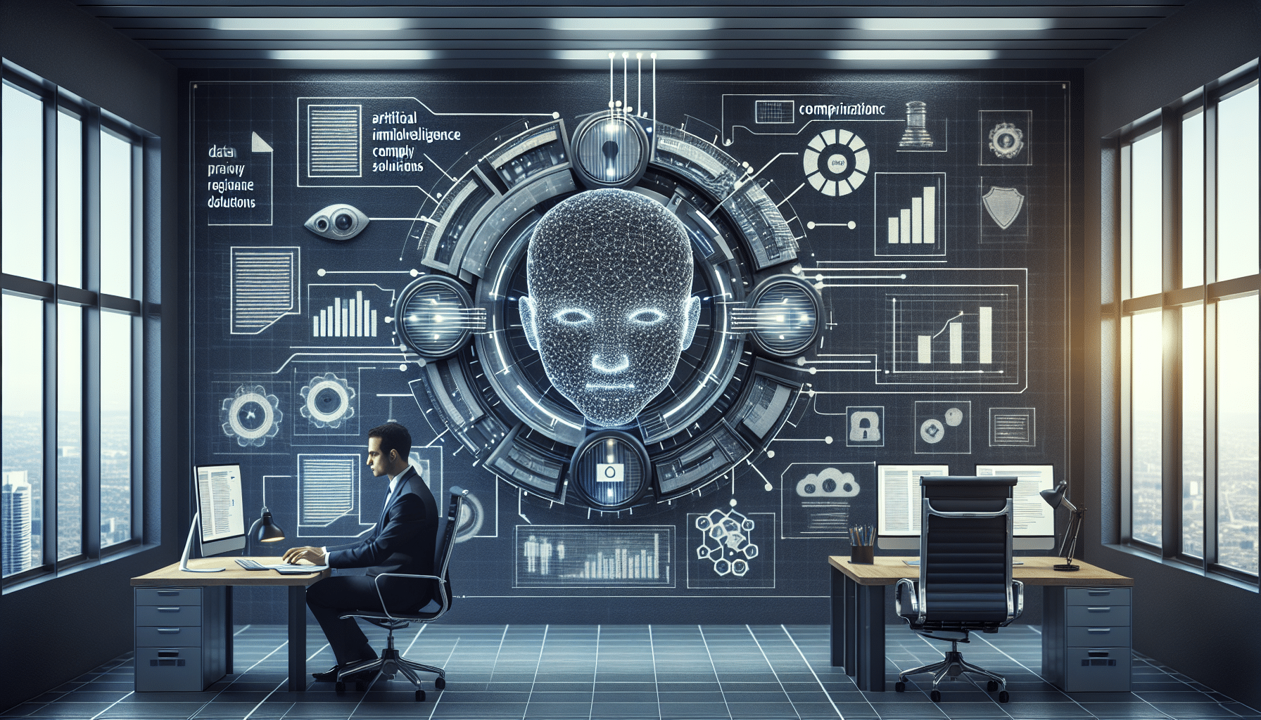Illustration showing AI in action within compliance platforms, analyzing documents and highlighting regulatory flags across a global dashboard.