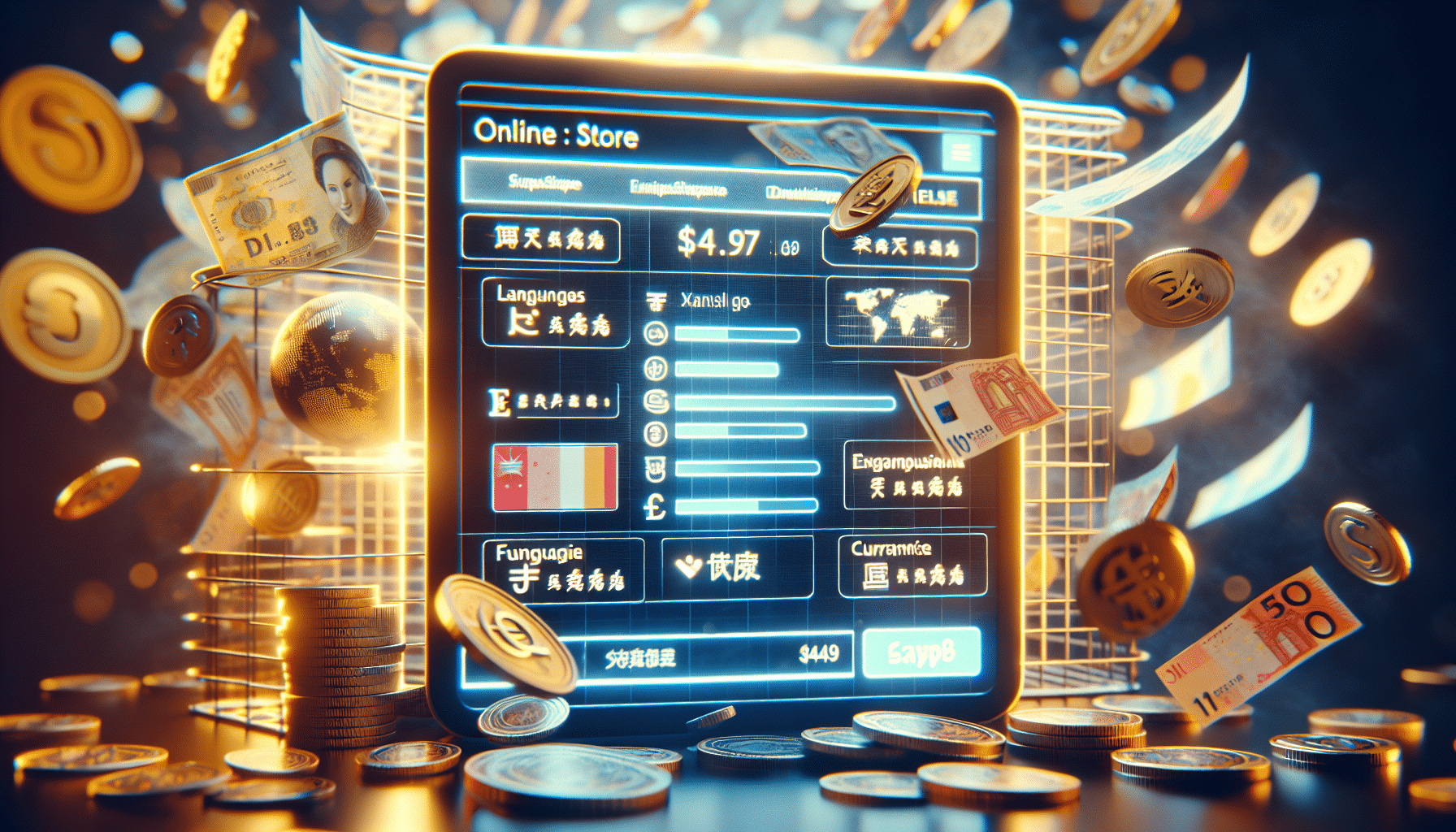 Visual representation of an online e-commerce platform supporting multiple languages.