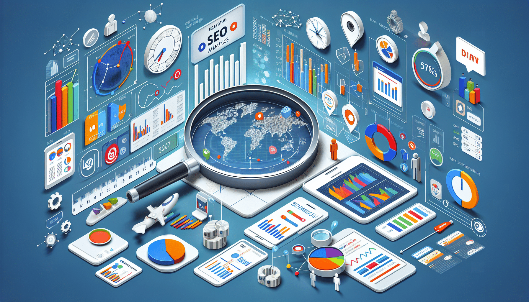Illustration depicting SEO analytics performance comparison across diverse international markets with multilingual overlays.