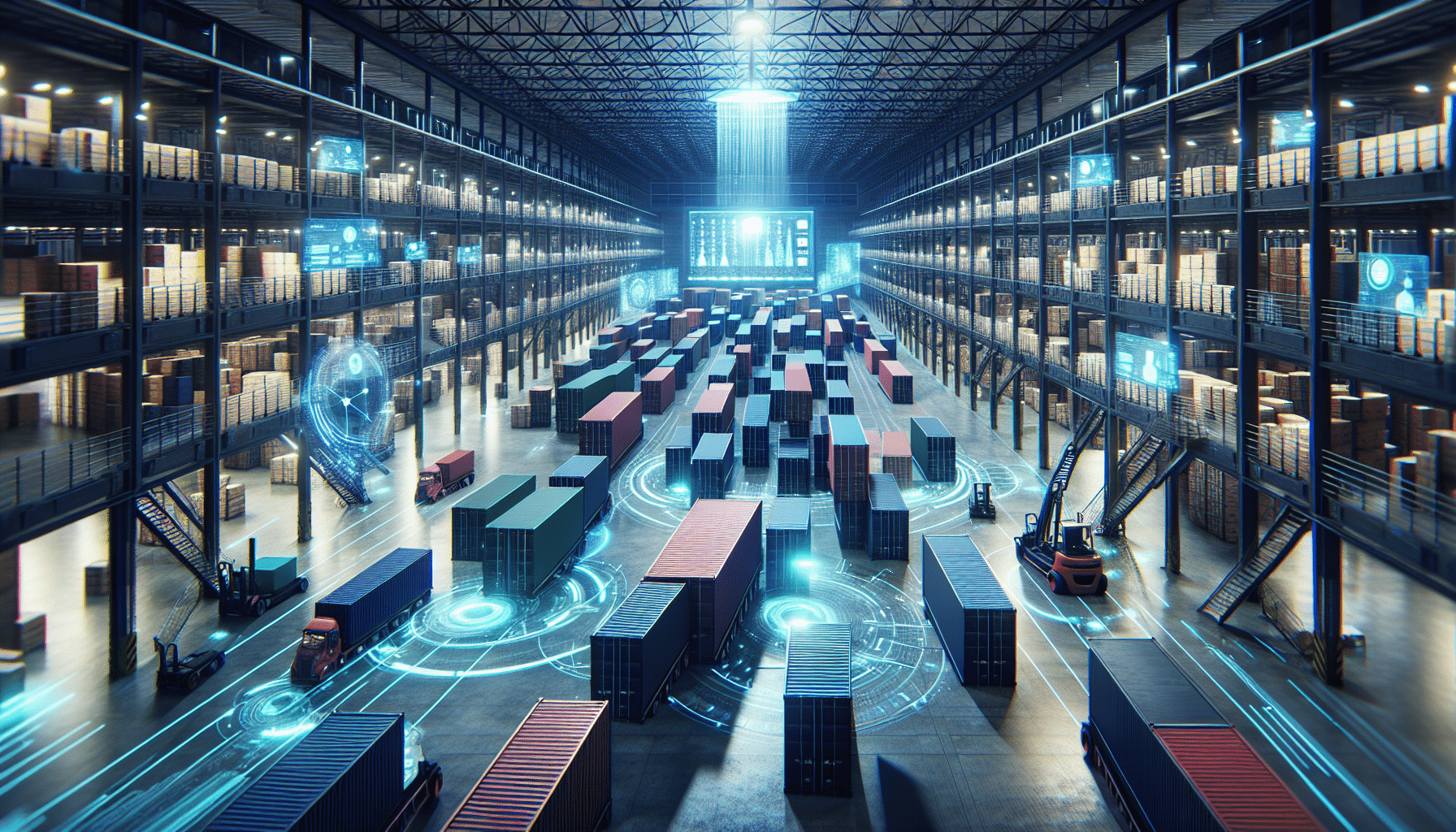 AI technology improving logistics operations in a modern warehouse with containers.