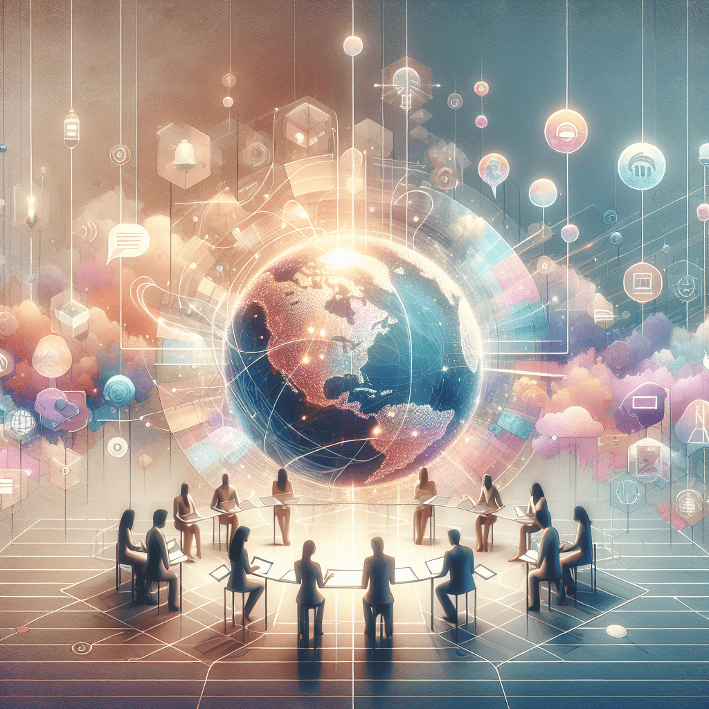 Illustration of language barriers being overcome by a global team using Eldris AI, enabling seamless international communication