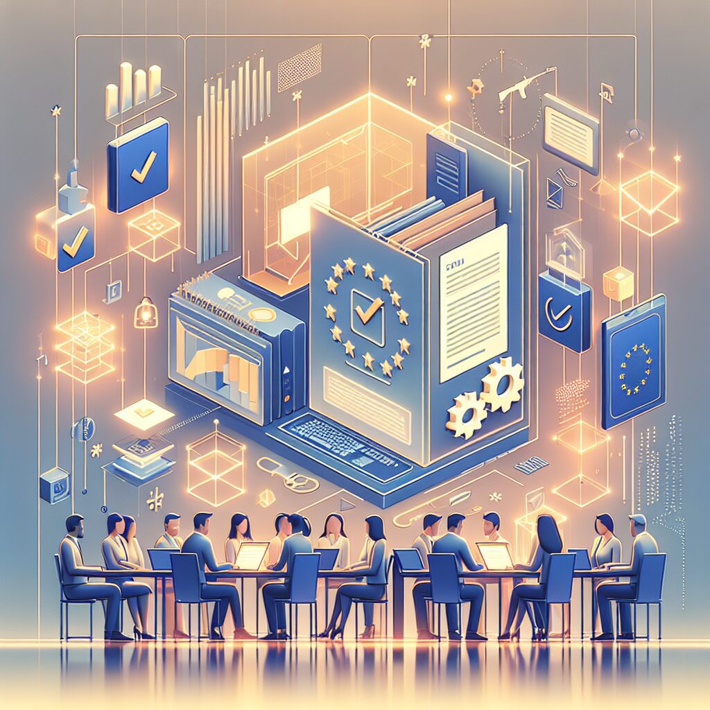 Business team reviewing EU compliance documents in a modern office setting, symbolizing swift regulatory alignment for EU markets.