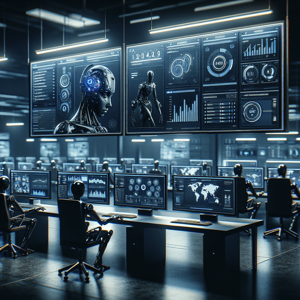 A high-tech office setup illustrating automation in SEO for managing and scaling multiple websites seamlessly