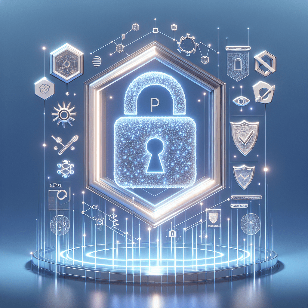 Illustration of GDPR compliance showing digital lock, shield, secure data flow and Eldris AI automation tools in blue-white theme.
