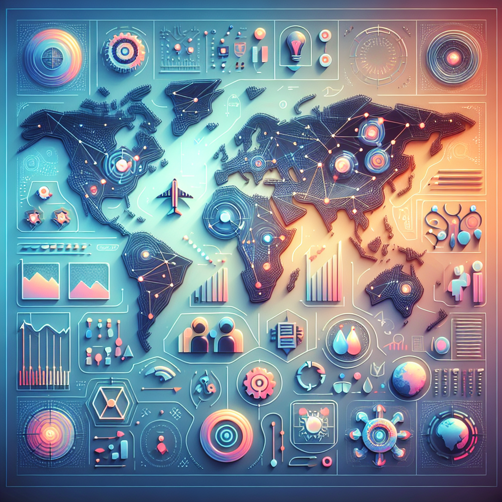 A strategic depiction of global market trends with digital insights and automation icons highlighting expansion tools.