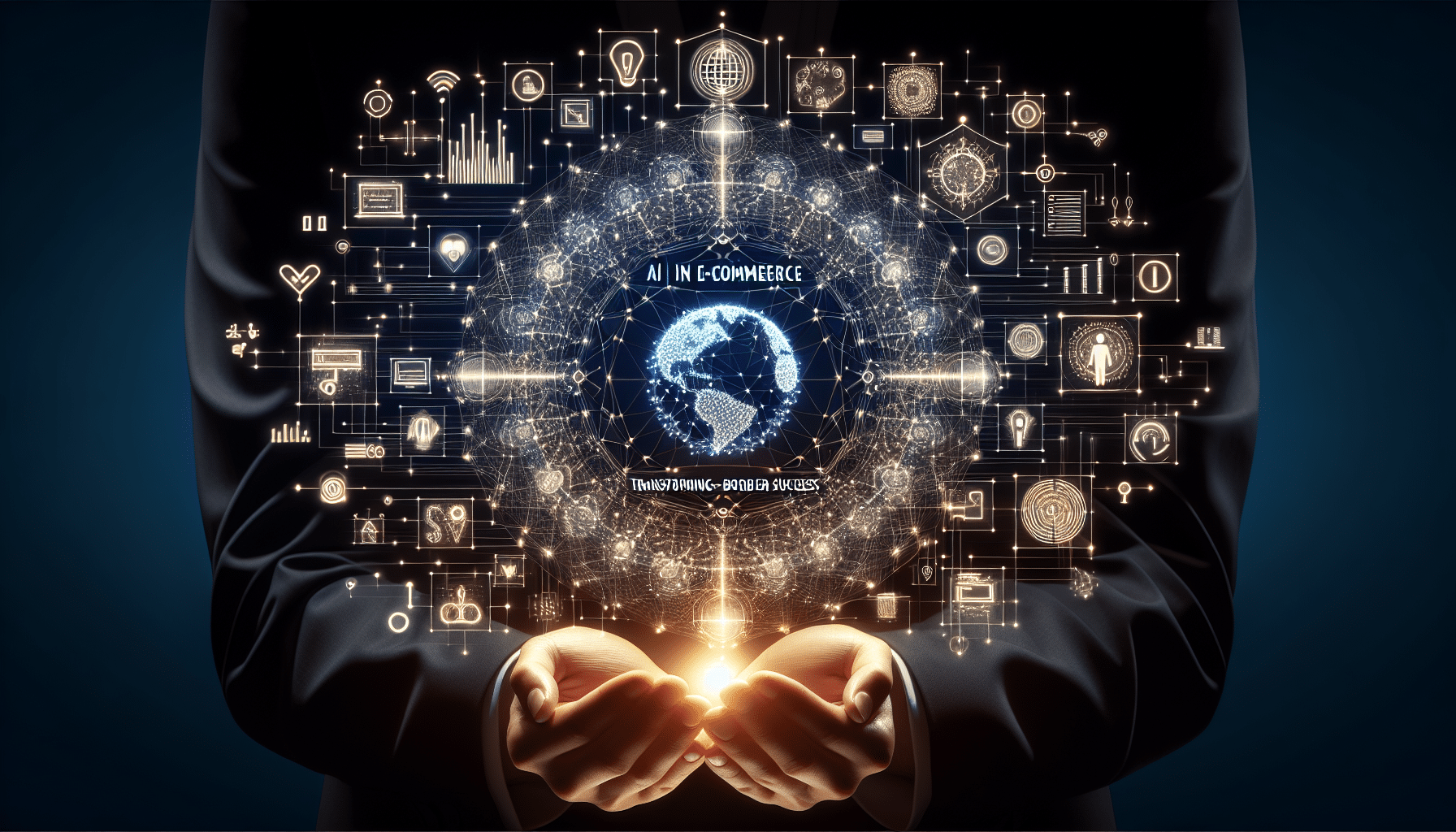 Illustration showing AI streamlining cross-border e-commerce logistics, payments, marketplaces, and customer personalization