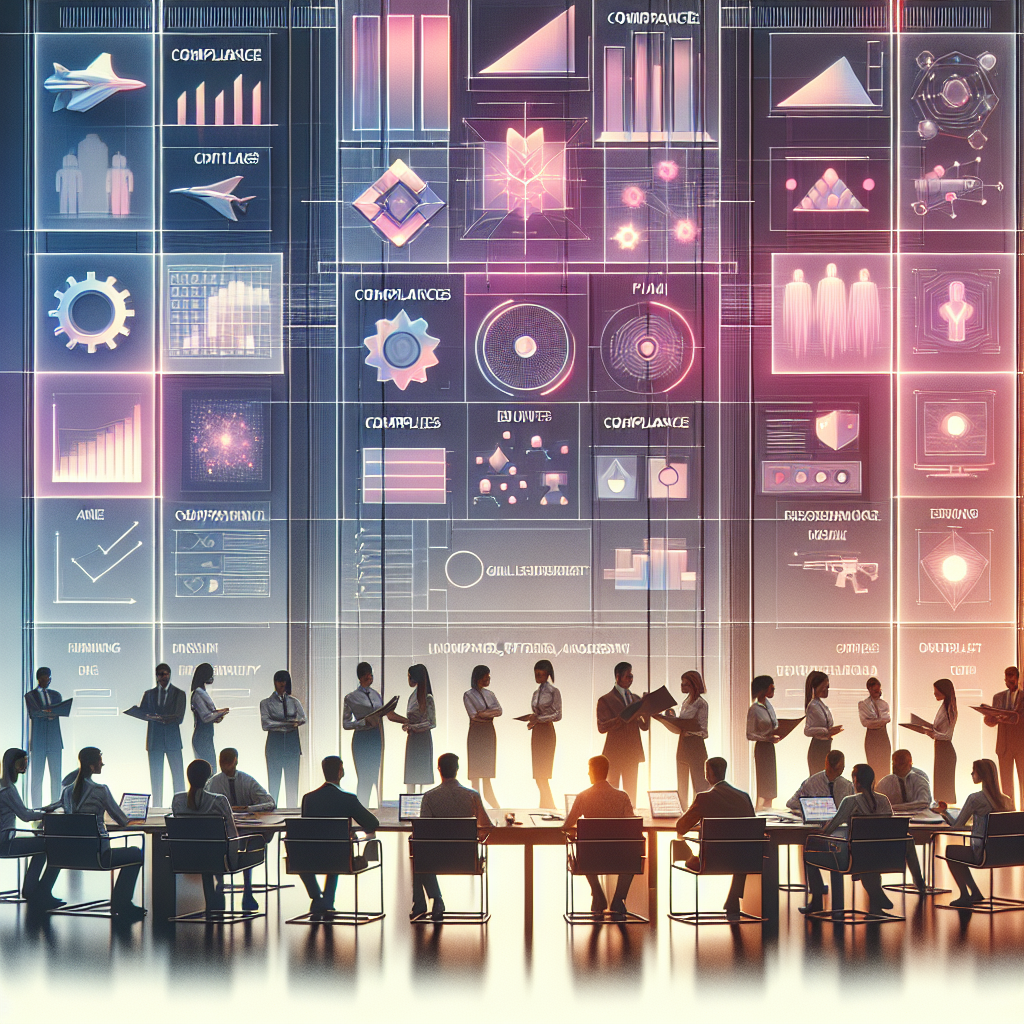 Business professionals reviewing AI compliance solutions dashboards for real-time automation and regulatory management in a modern office.