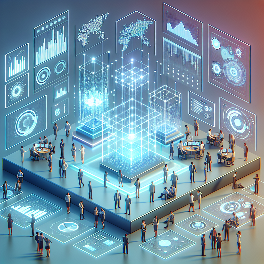Team of professionals working with AI tools and analytics in a futuristic office, symbolizing AI digital transformation and global growth.