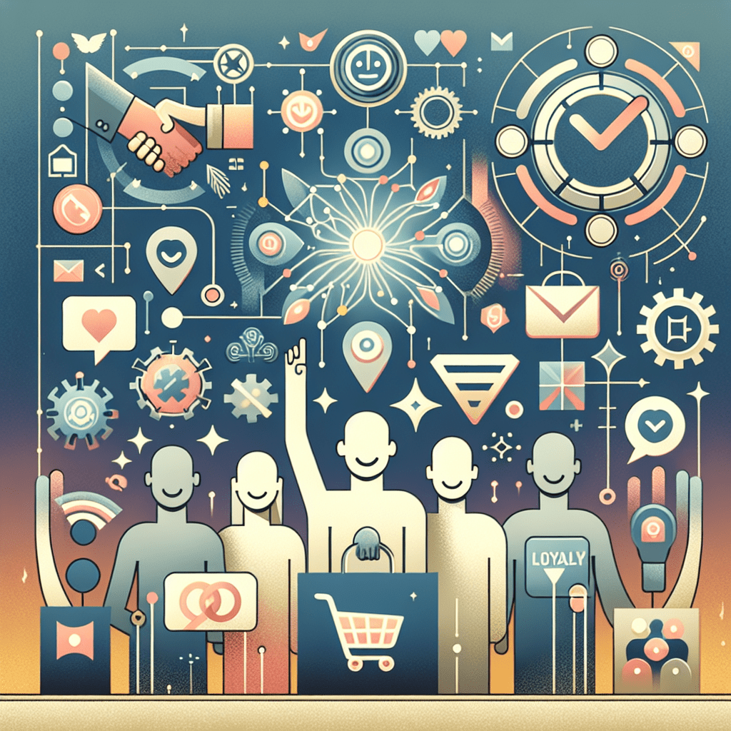 AI and Brand Loyalty visual featuring digital customers interacting with a brand across platforms using AI engagement tools.