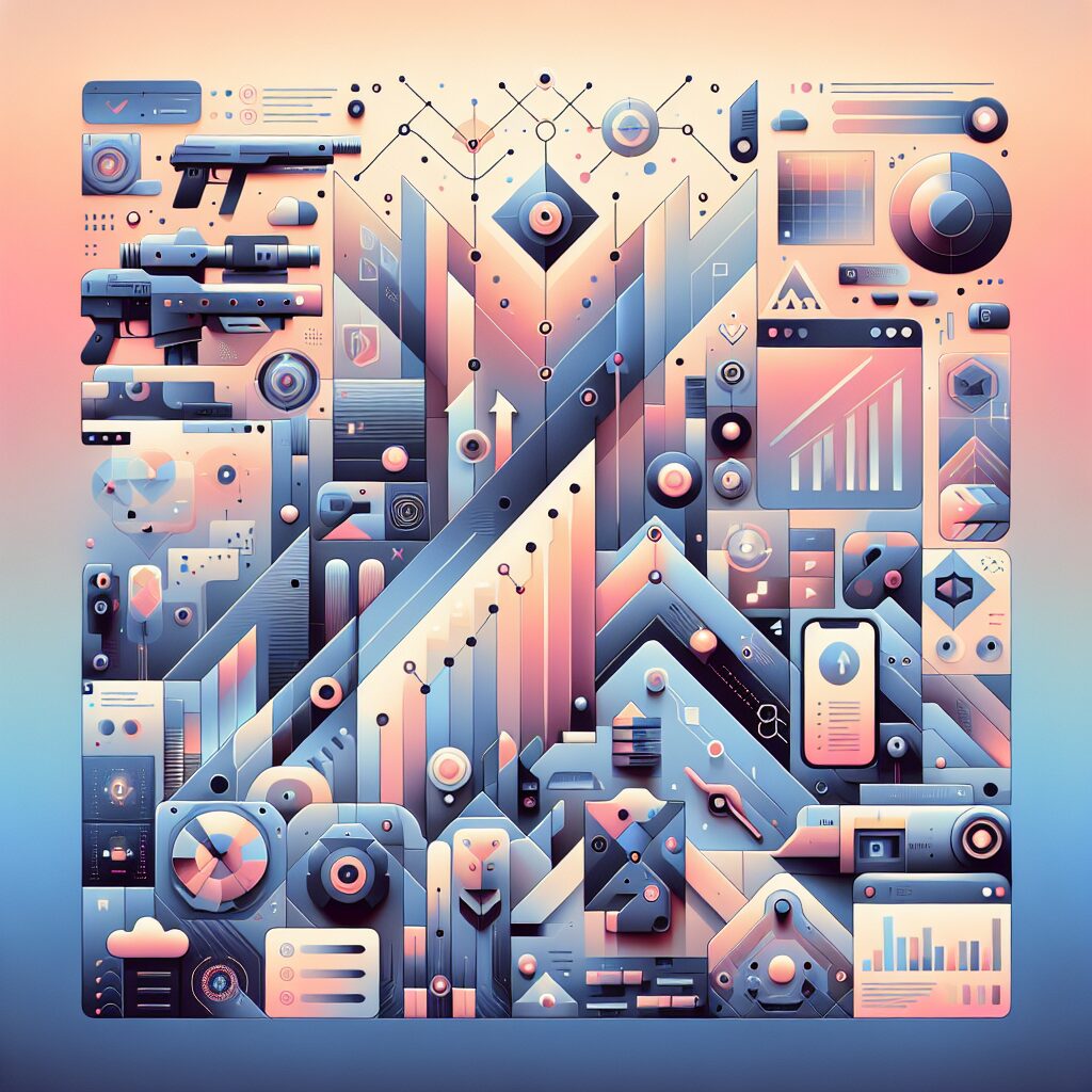 A futuristic digital scene showing the future of SEO with AI tools, search interfaces and analytics charts representing success.