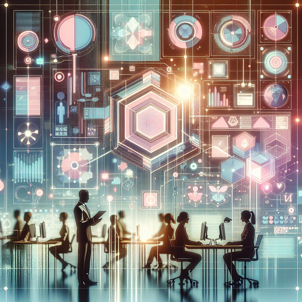 Modern business professionals reviewing AI compliance dashboards and automation tools in a digital office setting.