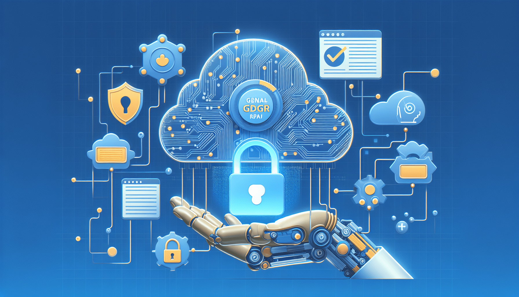 Illustration of GDPR compliance enabled through AI tools in a business setting, focusing on assessments and privacy automation.