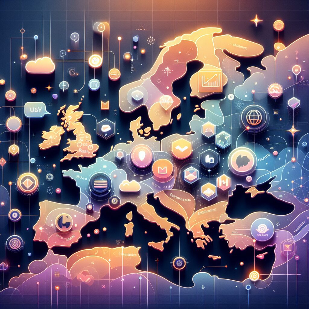 Illustration of market entry strategies for European brands, showing strategy icons overlaying a map of Europe with localization, digital, and growth themes.