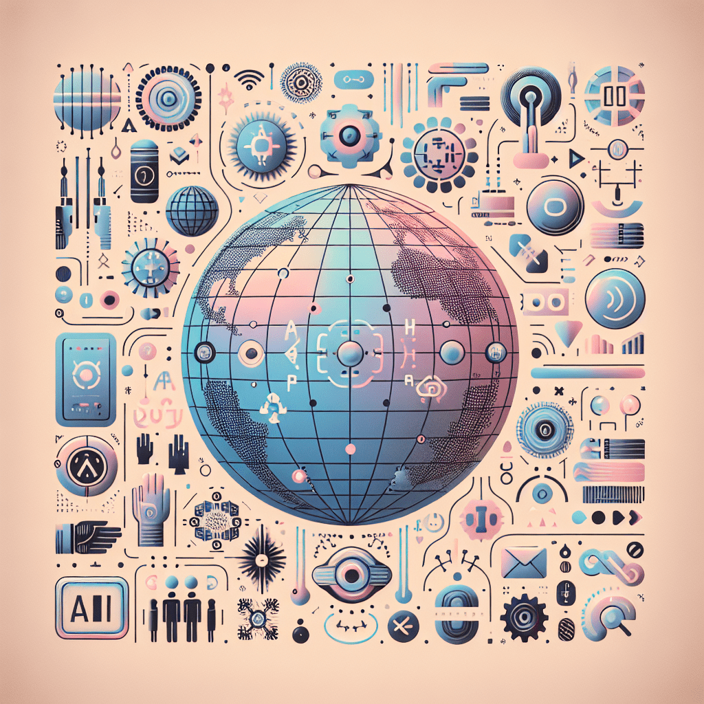 An AI-driven multilingual content strategy visual showing language icons and worldwide communication technology.