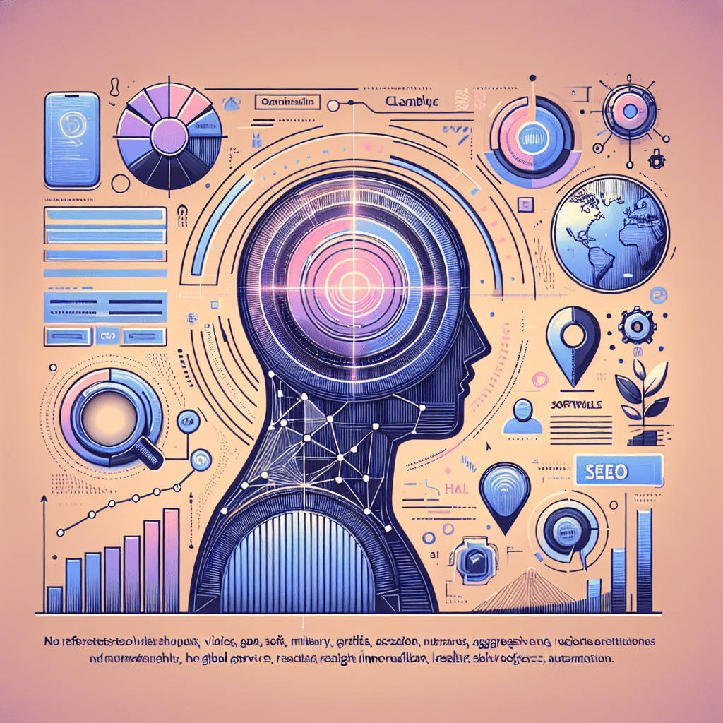An illustrated dashboard showing Automated SEO Tools optimizing keywords and global reach for service businesses.