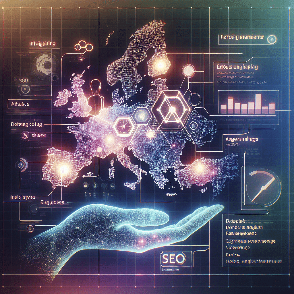 A digital robot analyzing SEO metrics across a map of Europe, showcasing AI SEO capabilities in multilingual markets.