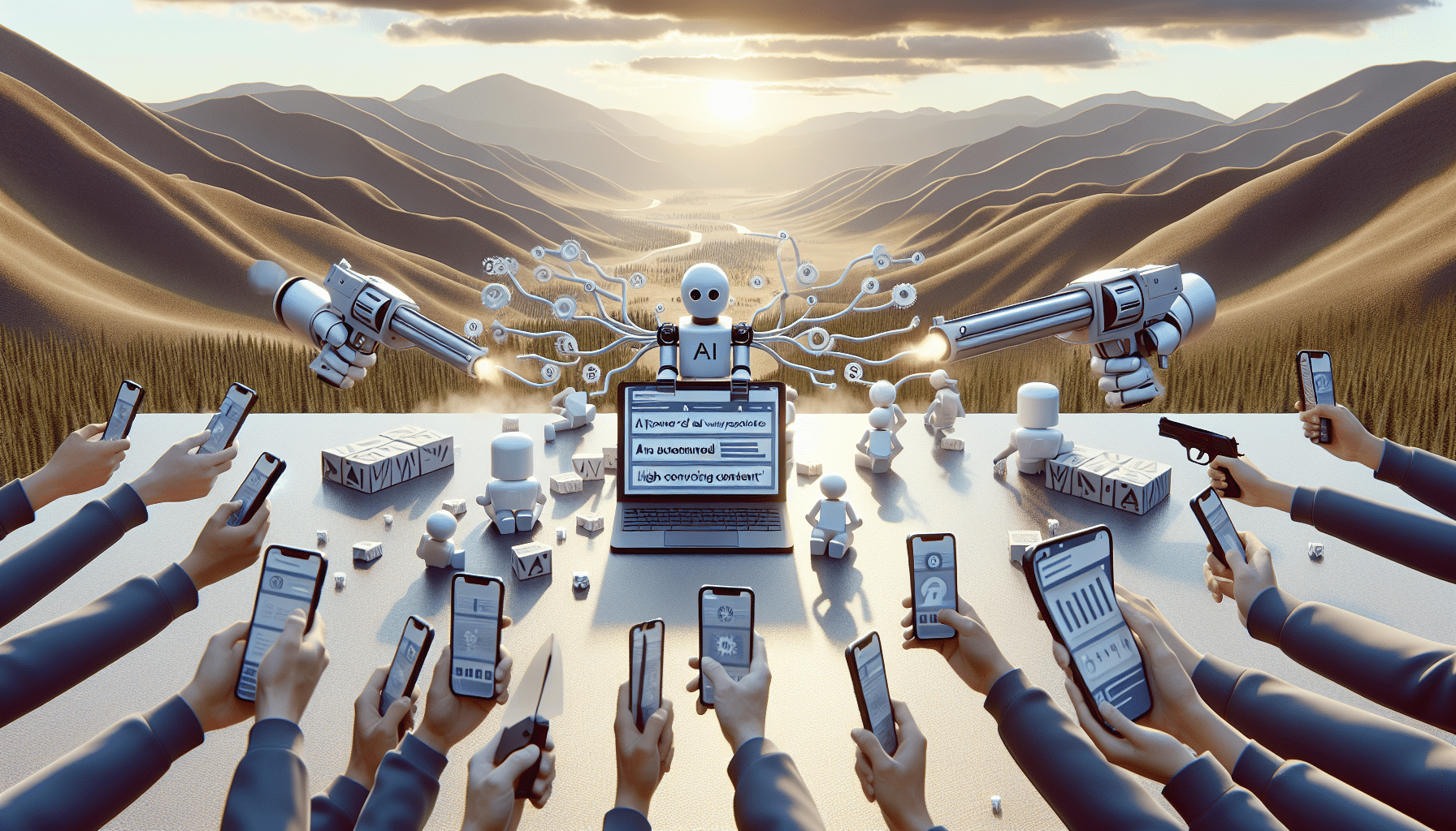 AI Content Automation visual showing automated content systems and marketers optimizing workflows.