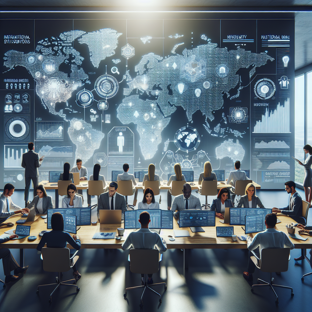 AI in Multilingual Marketing visualization showing global team using AI dashboards and multilingual tools for brand expansion