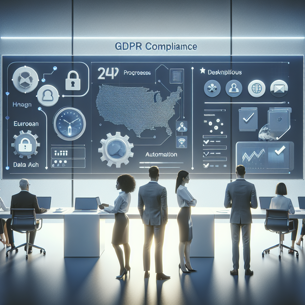 A modern digital dashboard demonstrating GDPR automation with compliance indicators, consent tracking, and EU data flow visualization.