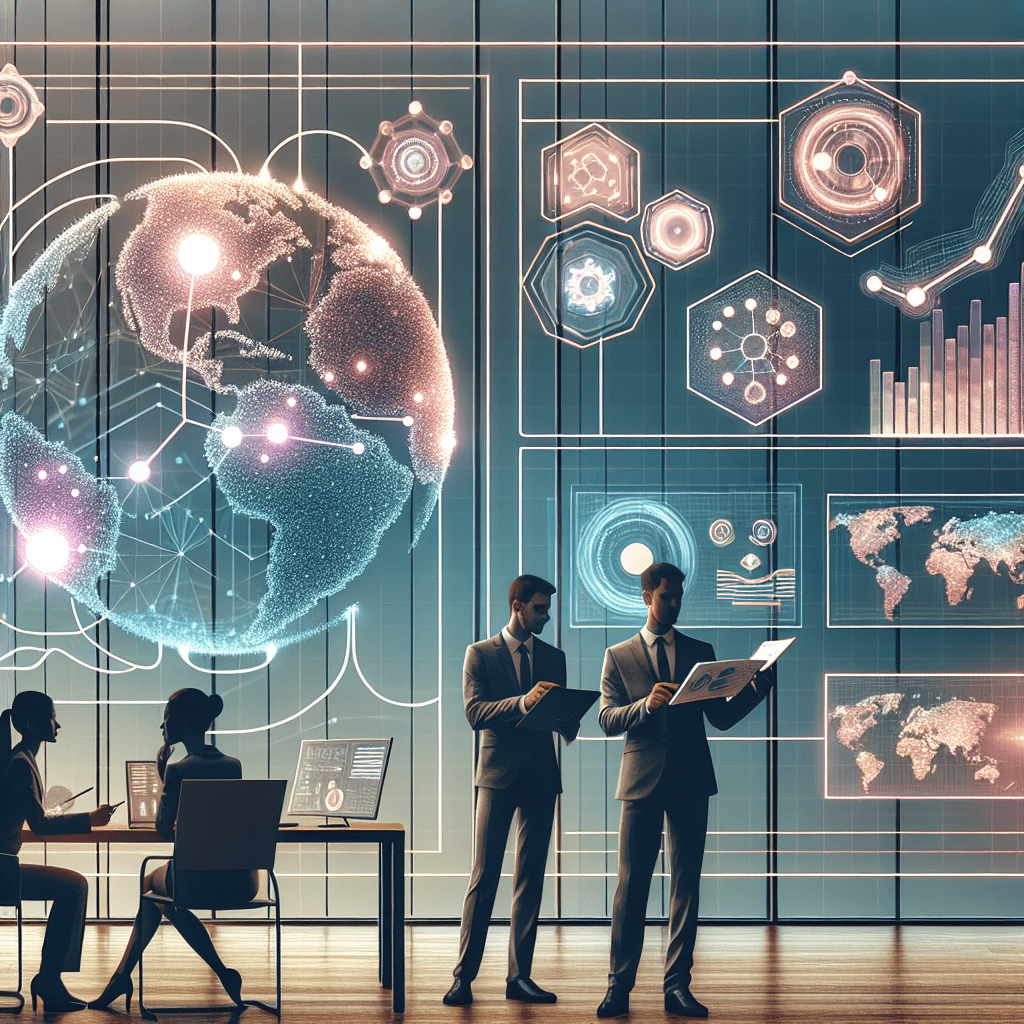Modern office team analyzing multilingual digital dashboards showing AI Translation efficiencies and business metrics