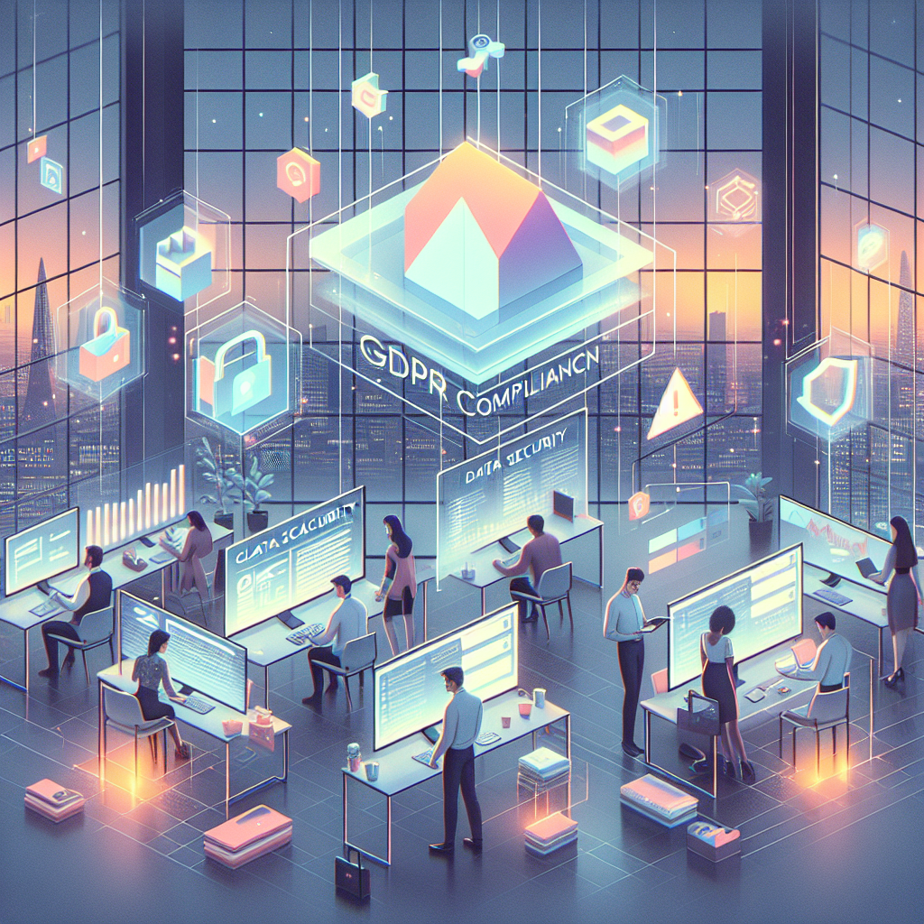 GDPR compliance for startups visual with a diverse team reviewing regulations and digital compliance tools in a modern European office.