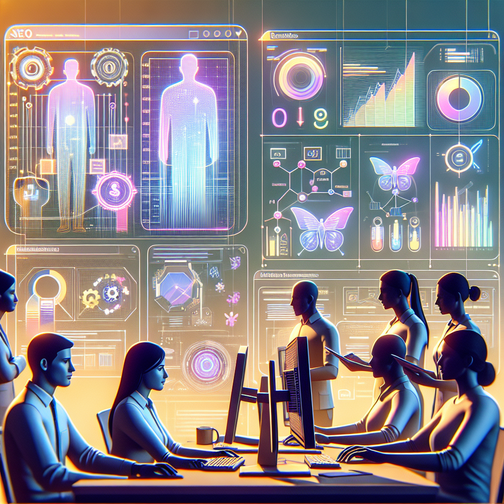 SEO strategy modernization with Eldris visualization, showing marketing team using AI for automated campaign management and analytics.