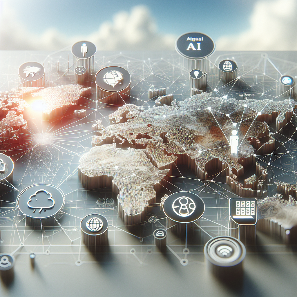 Illustration of AI-powered SEO technologies enabling global market expansion with digital networks and geographic data overlays.