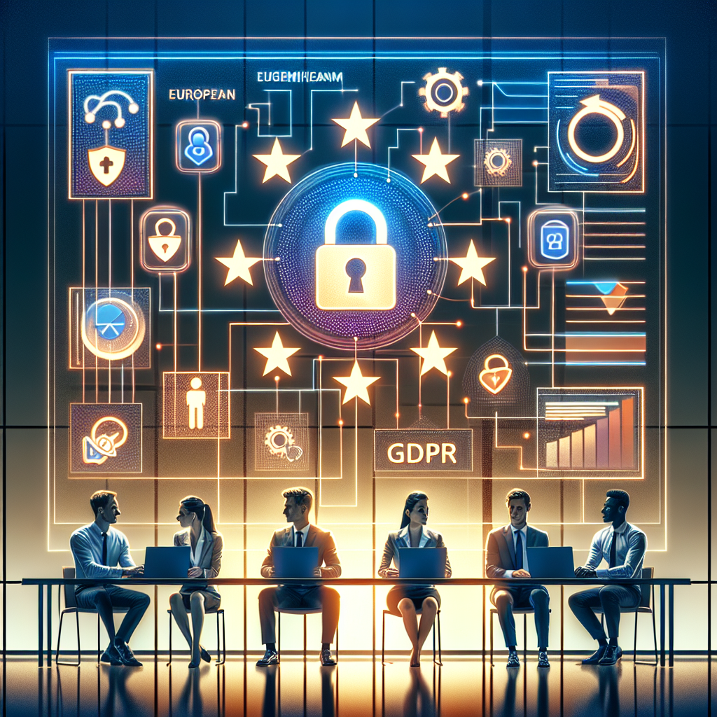 Illustration showing gdpr compliance automation using Eldris platform—professionals managing EU data protection workflows digitally.
