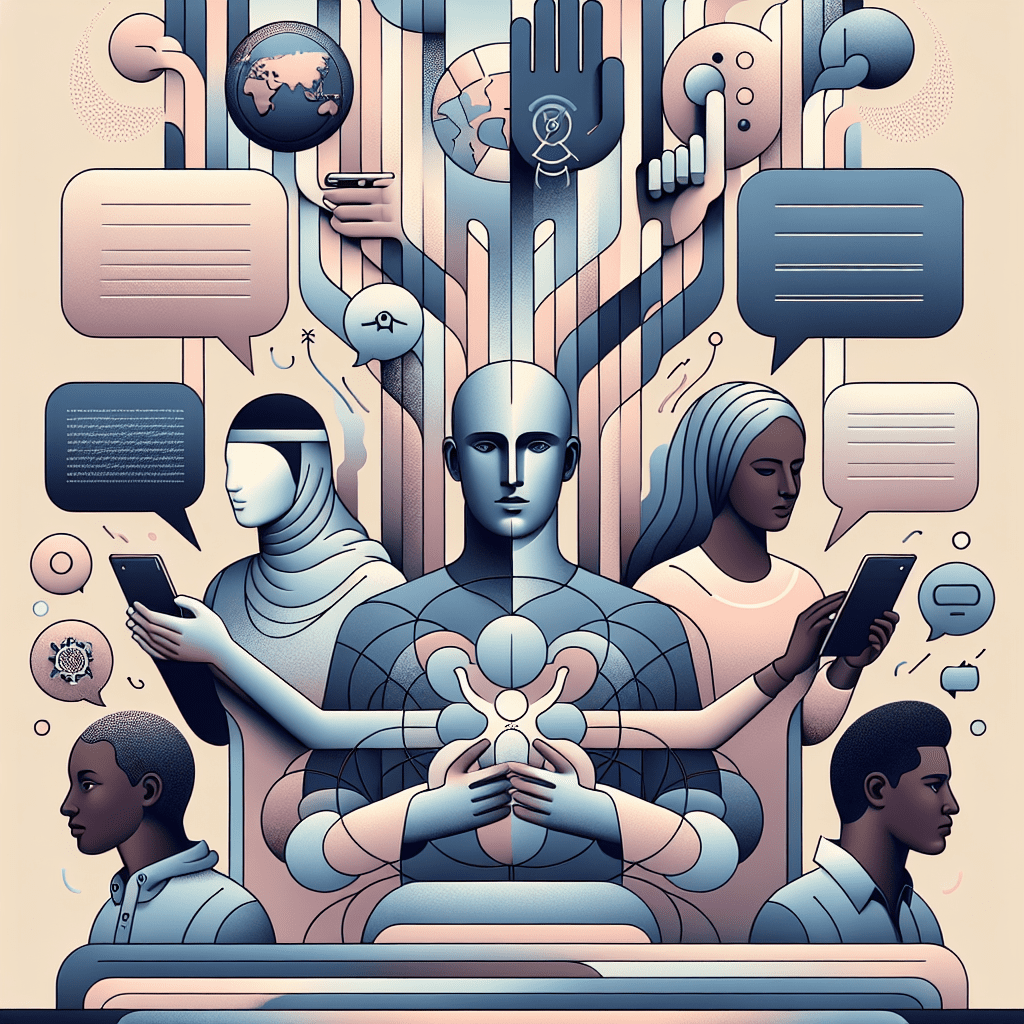 Illustration representing Language Diversity and digital communication, showing users connected via AI-powered multilingual tools.