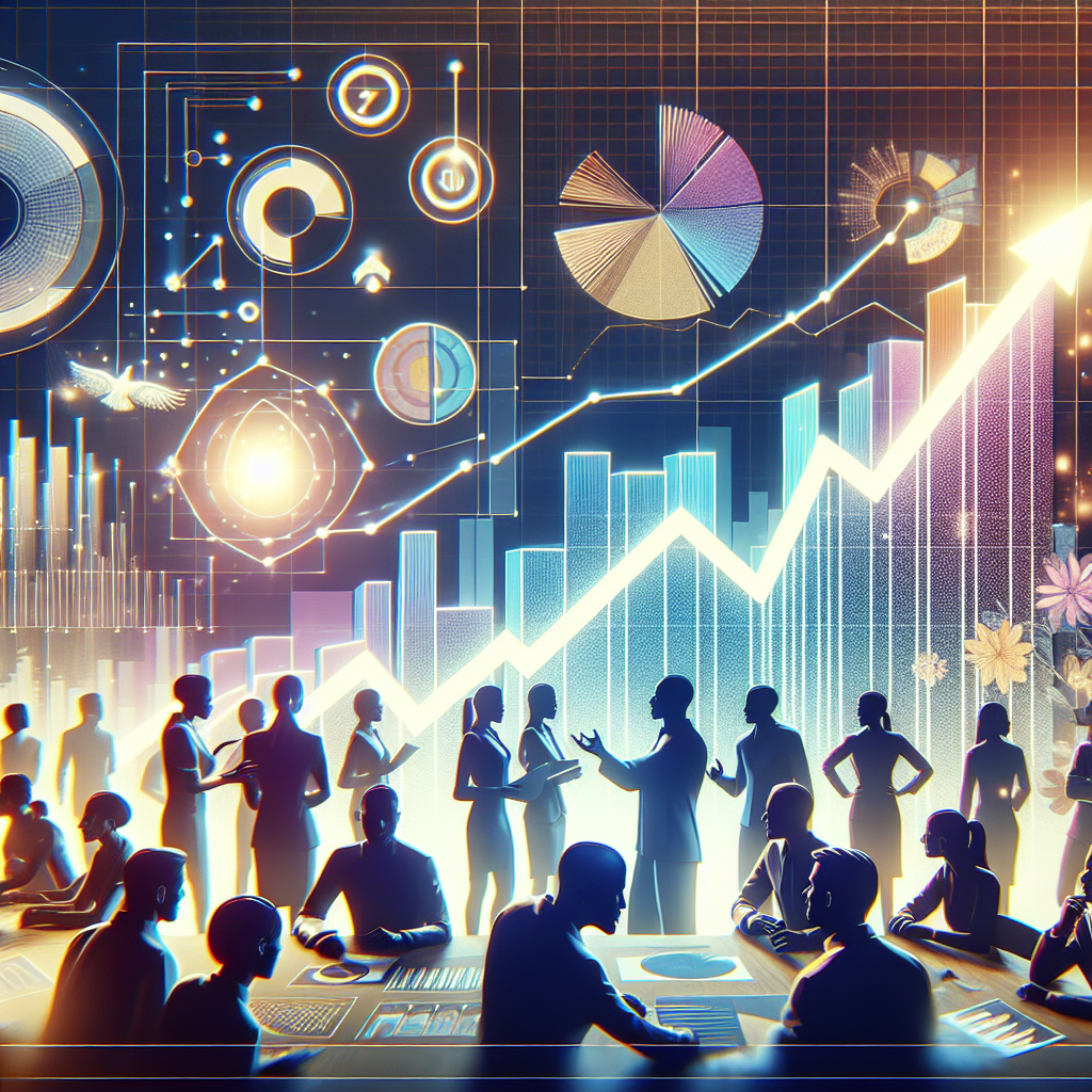 A modern dashboard showing digital SEO ROI increases with marketers reviewing campaign success.