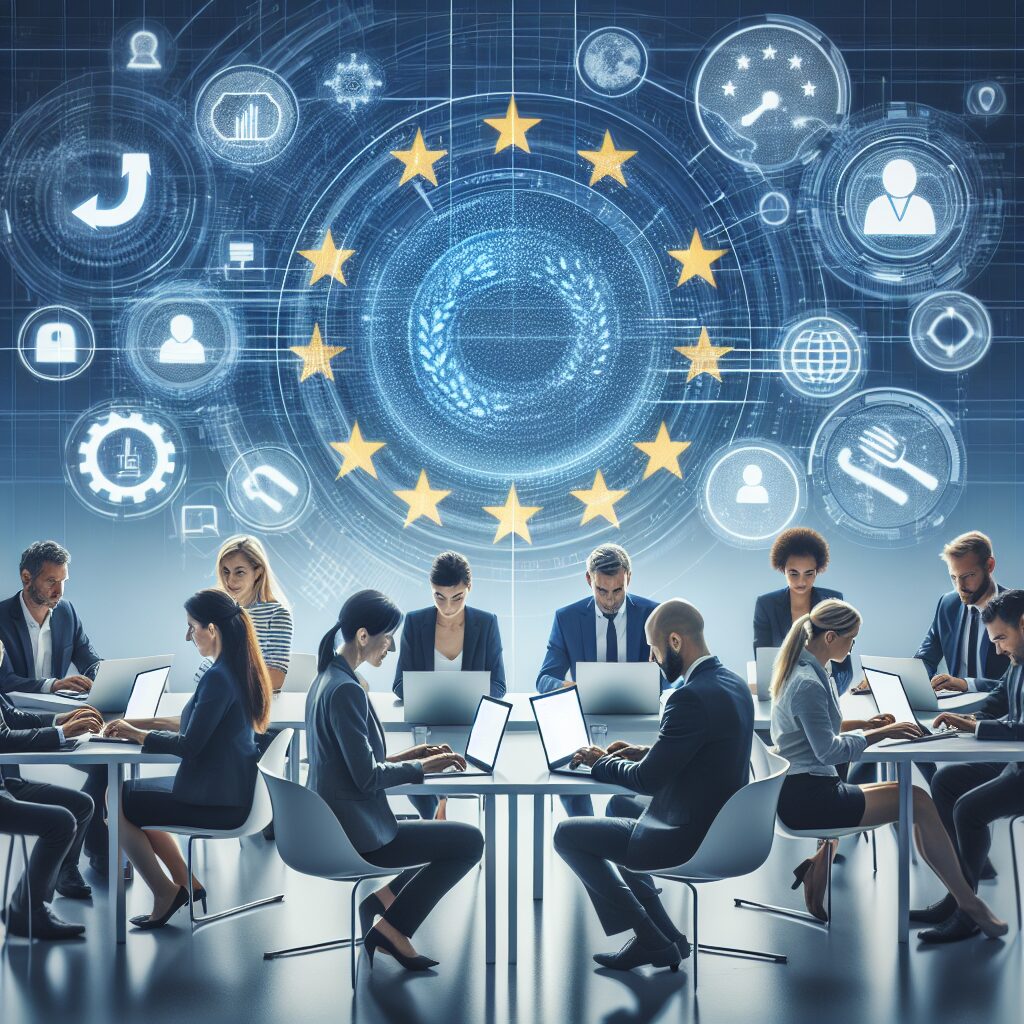 Digital workspace with European professionals using European market tools for SEO, compliance, and multilingual brand expansion.