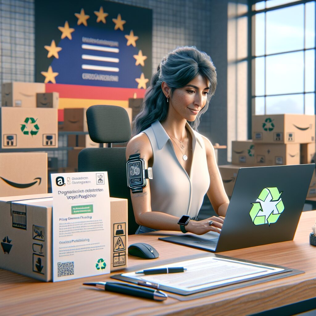 Modern illustration showing an Amazon seller completing steps on packaging compliance with VerpackG registration and LUCID requirements.