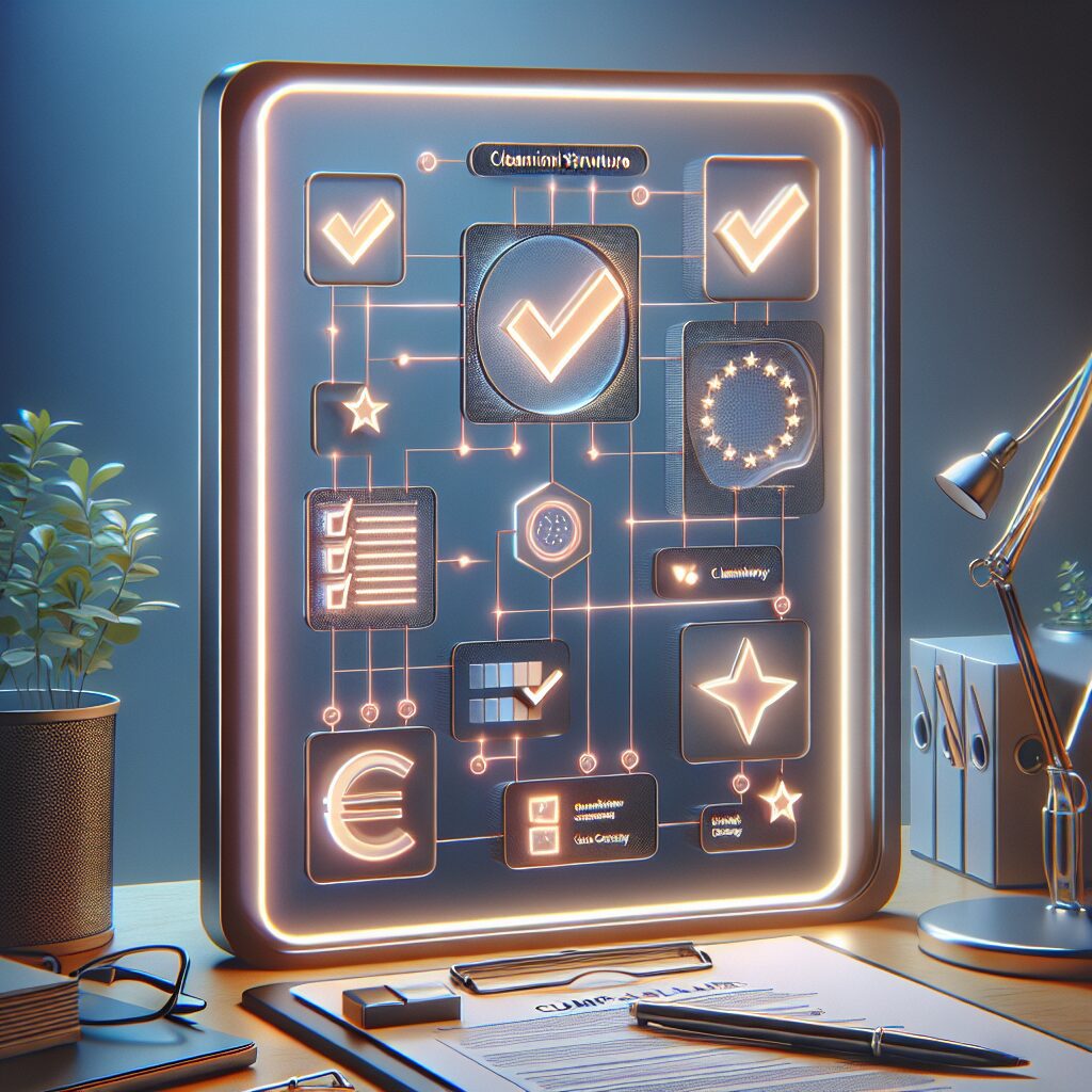 Tablet screen showing an EU compliance checklist highlighting responsible person procurement with symbols of regulatory compliance and documentation.