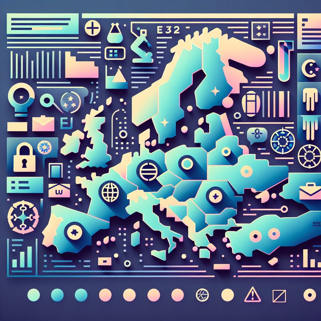 Map of Europe showing WEEE registration countries UK, Germany, France, Italy, Spain, with compliance icons.