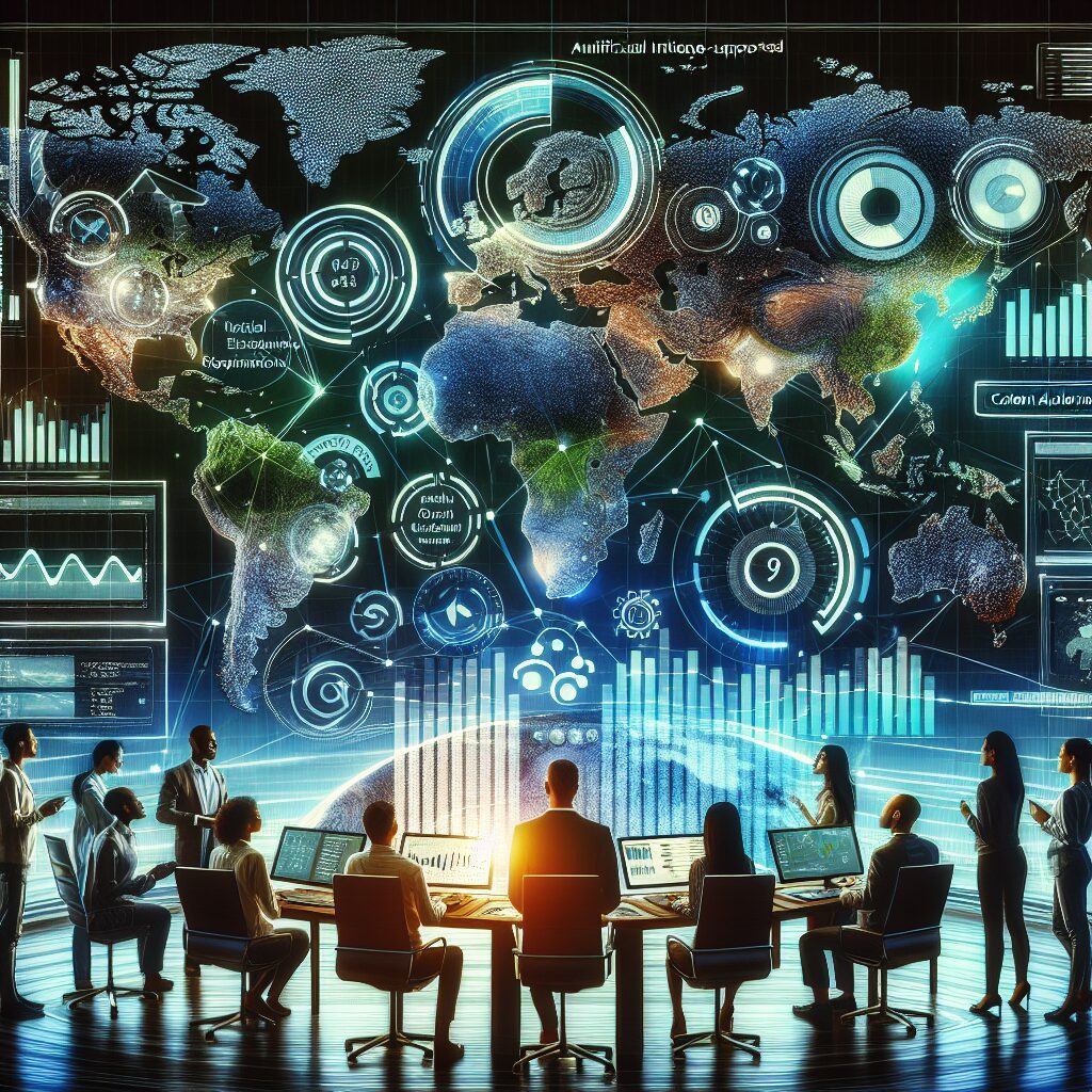 SEO automation tools shown on a global e-commerce dashboard for content creation, translation, and analytics insights.