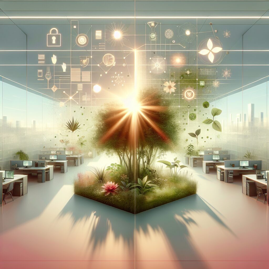 A modern workspace integrating AI systems and greenery to illustrate Sustainable Technology powering eco-friendly business transformation.
