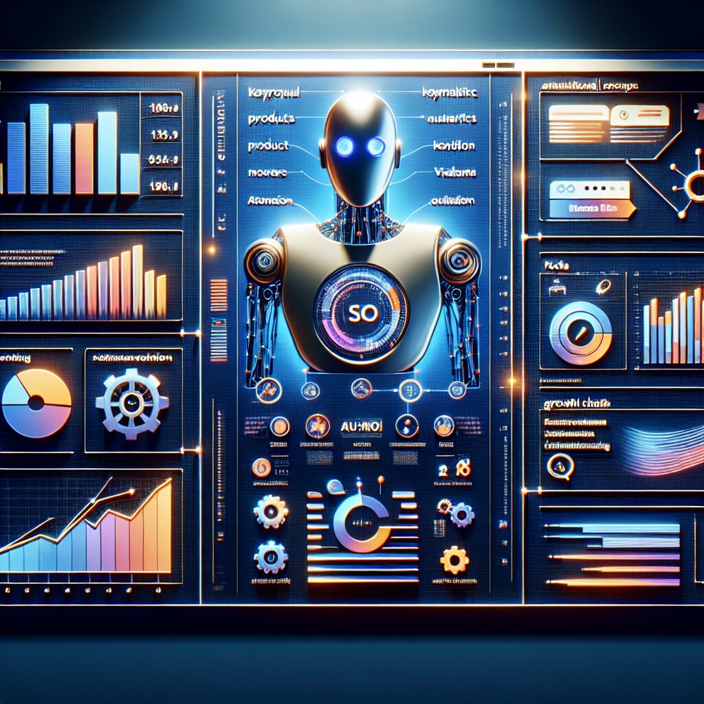 Dashboard showing ecommerce seo automation, including AI-driven keyword analysis, product optimisation, and growth metrics for online businesses.