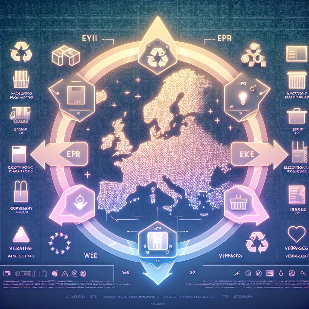 EPR compliance visual showing packaging, electronics, and recycling regulations for EU brands in 2025.