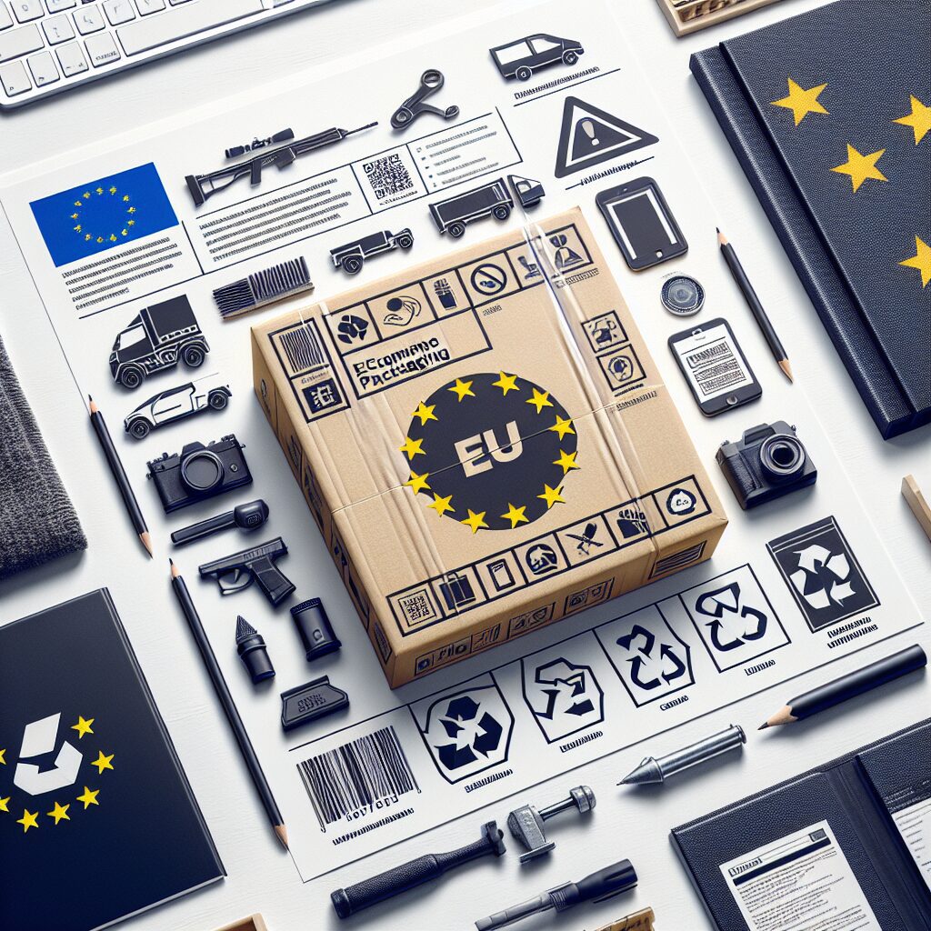 EU packaging laws visual showing e-commerce product shipping with sustainable packaging and EPR compliance labels for Shopify and WooCommerce