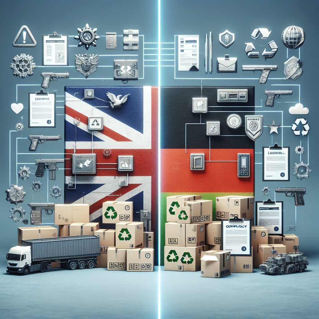 Split-view of German vs UK packaging regulations with compliance symbols, emphasizing UK packaging compliance for cross-border law.