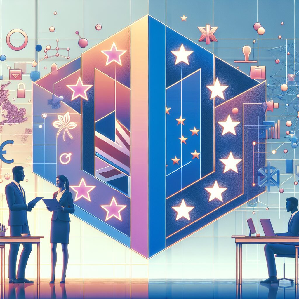 Two professionals comparing digital legal compliance software options, split between UK regulations and EU compliance symbols.