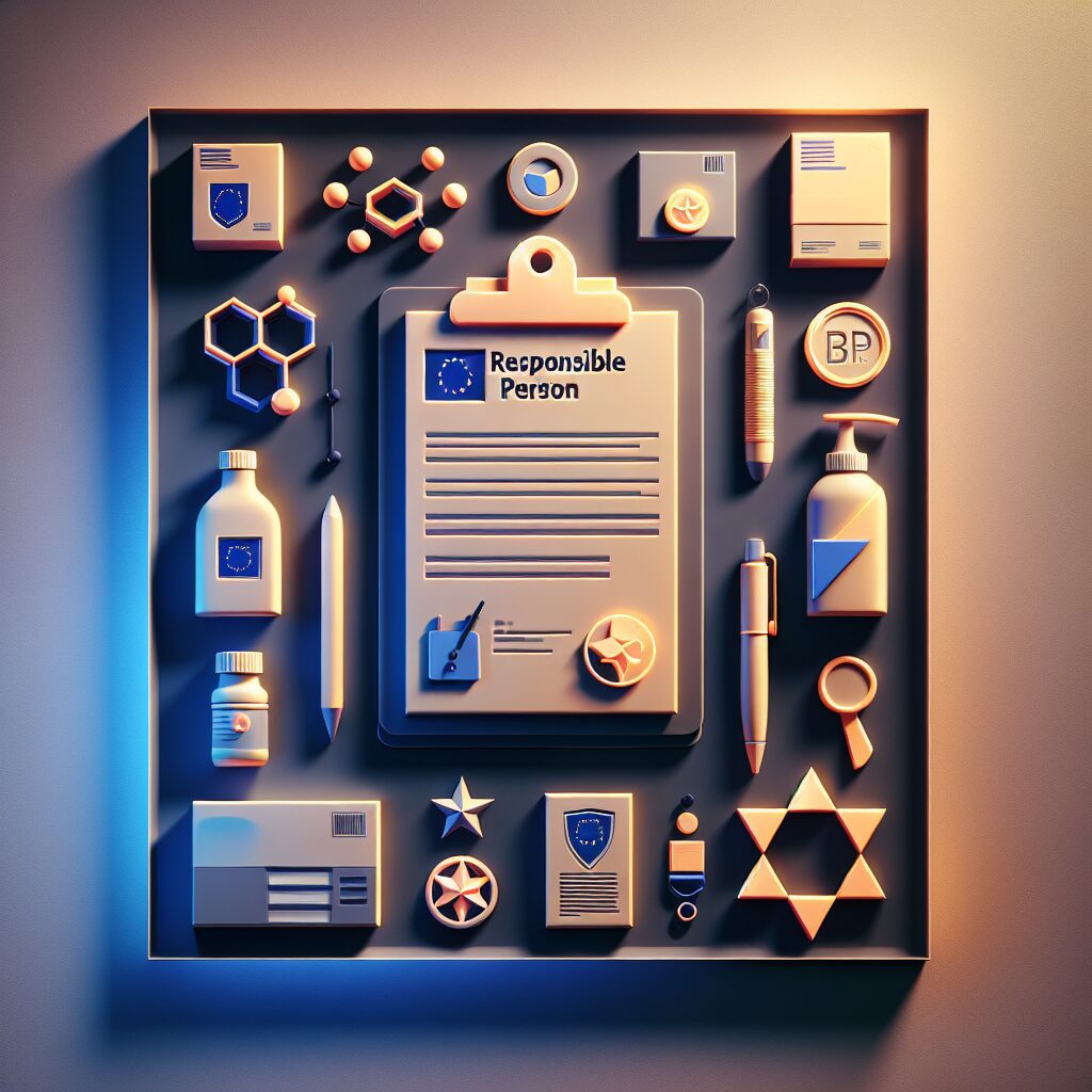 A flat lay showing EU Responsible Person compliance documents, product packaging, and an EU flag badge under moody lighting.