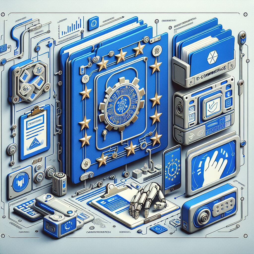 Illustration of compliance automation in e-commerce, showing digital document workflows across regulated marketplaces.