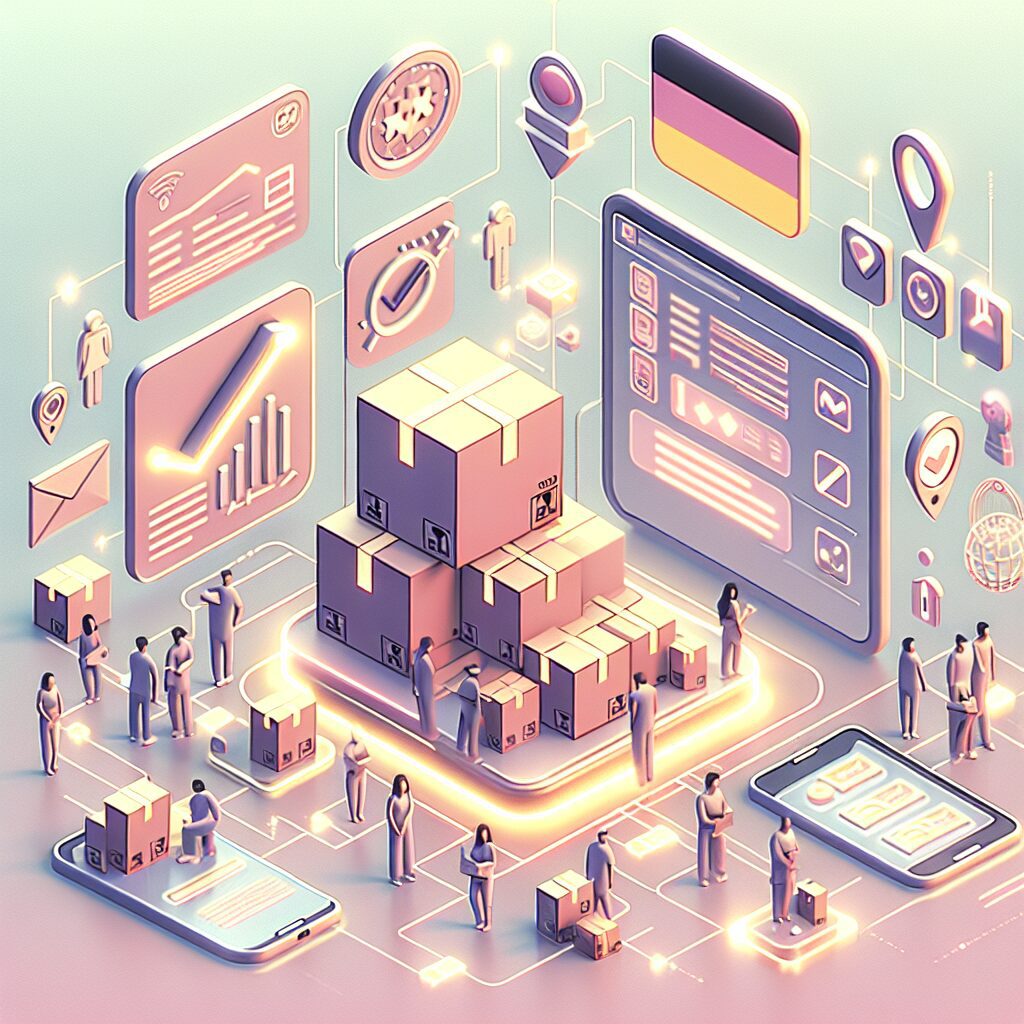 Illustration showing the VerpackG registration process for e-commerce sellers with LUCID packaging register, German compliance, and package labeling.