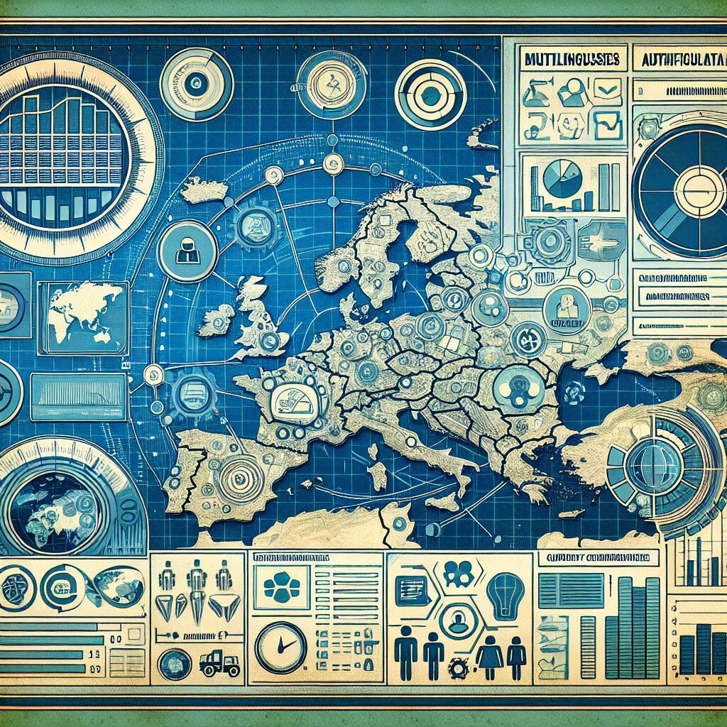 Dashboard view of SEO automation in action over a map of Europe, highlighting multilingual features and compliance tools.