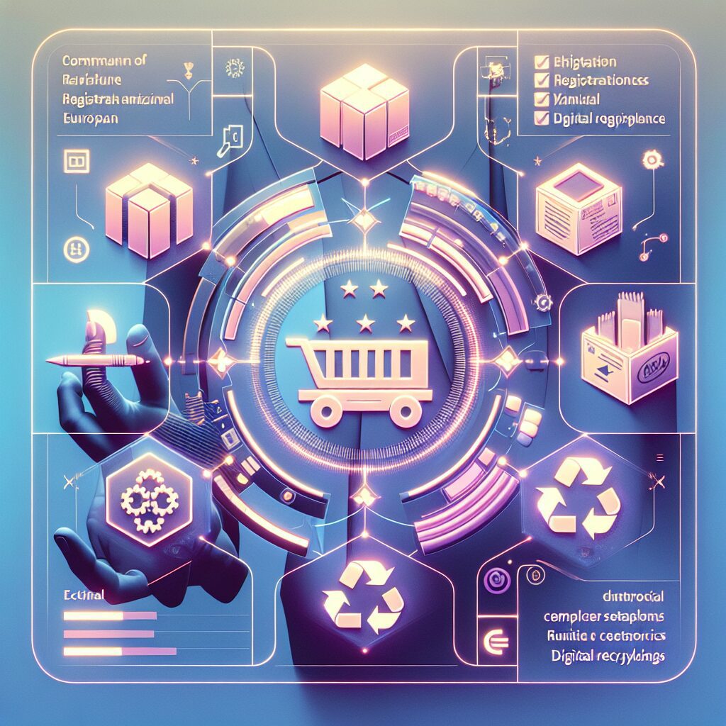 Professional dashboard illustration showing WEEE compliance process steps for EU sellers, with recycling and electronics imagery.