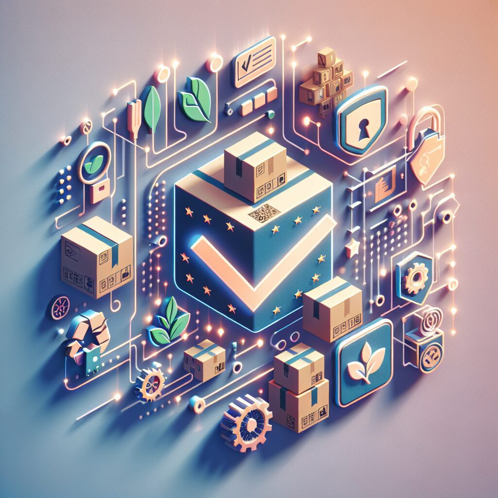 EU packaging compliance checklist with cardboard boxes, recycling icons, and digital EPR registration interface in a business setup.